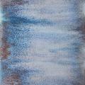 An abstract painting of blue and brown pigment running from the sides of the page towards the middle.