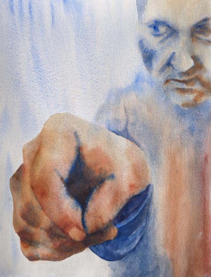 A loose watercolour of a man holding his hand as if writing